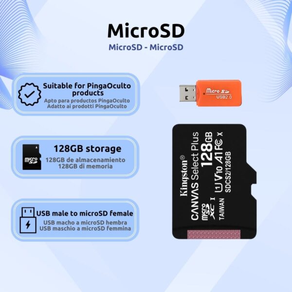 microSD 32 64 128GB Clase 10 microSD 128GB Adaptador USB microSD Caracteristicas